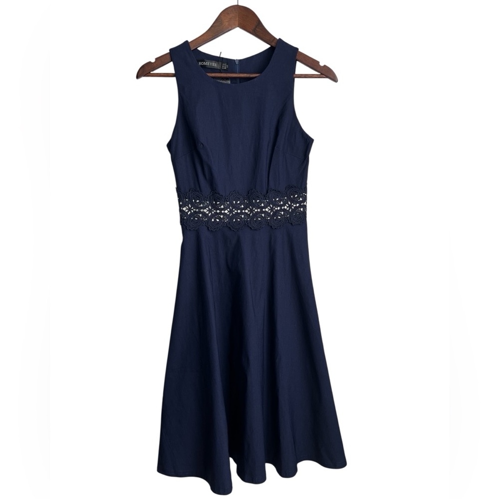 Navy Sleeveless Midi Dress with Lace Waist NWT